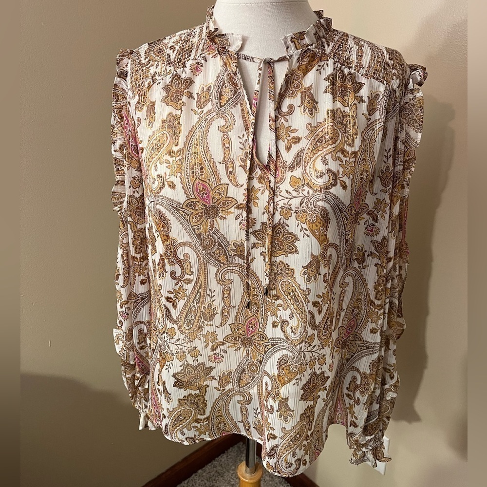 INC International Concepts Gold Paisley Boho Blouse Sz M